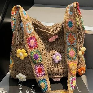 TAN Granny Square Crochet Tote Bag with Flowers